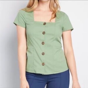 ModCloth Cottage Curation Square Neck Top Olive Green Tie Back Button Down M
